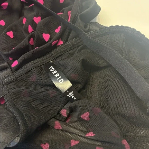 Torrid Black Mesh Flocked French Pink Hearts Babydoll Lingerie Chemise Size 2 2X - Picture 7 of 9